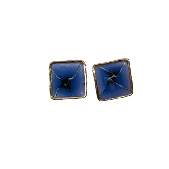 Vintage Square Blue Enamel Post Back Earrings - Picture 1 of 5